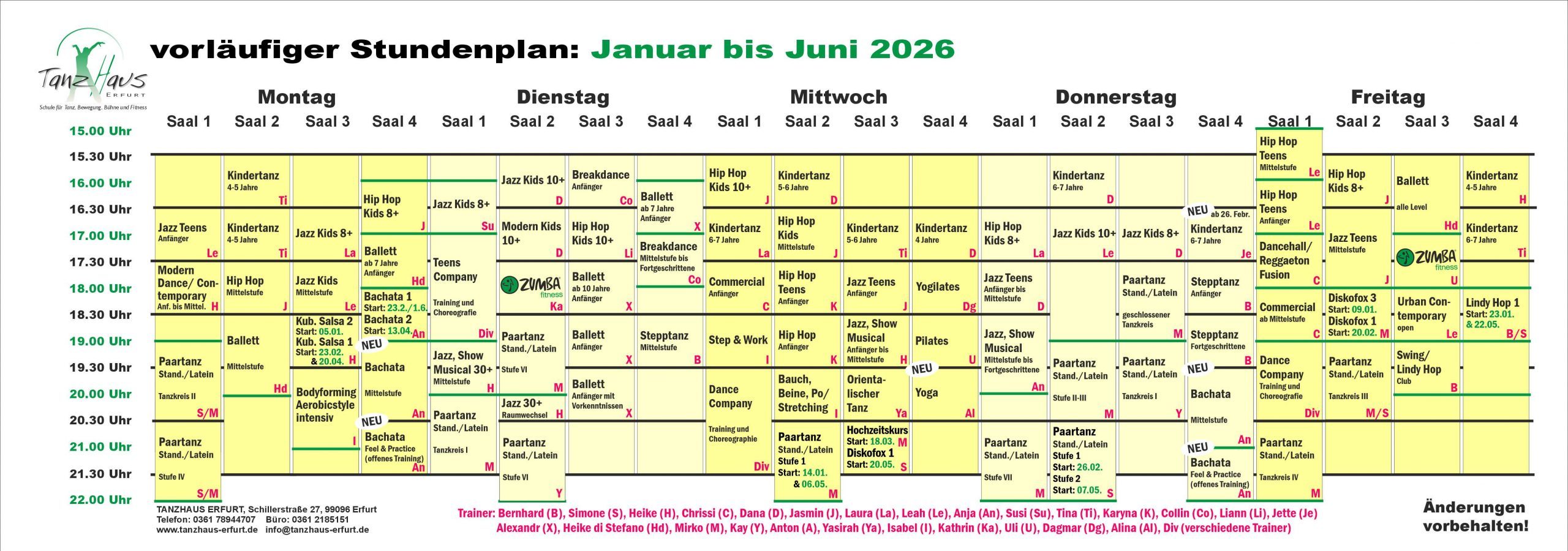 Stundenplan Januar bis Juni 2026