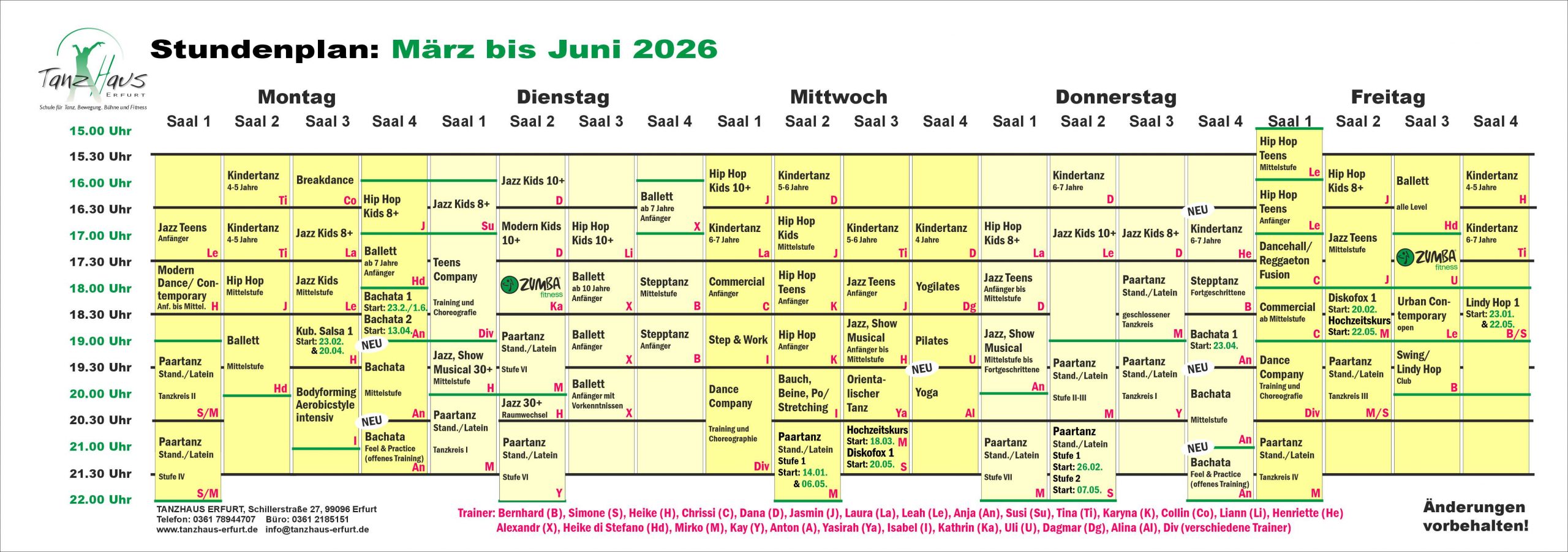 Stundenplan Januar bis Juni 2026